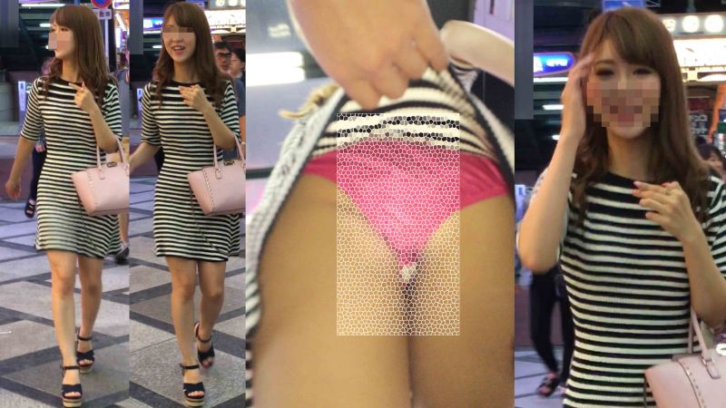 4K bomb494 ボーダーミニワンピ美人ギャルのサテンピンク生P 階段めくり